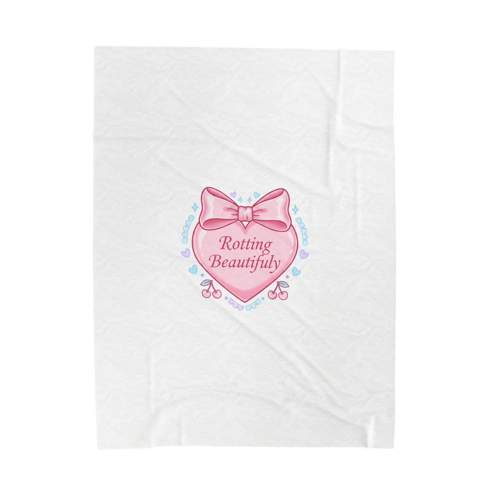 Rotting Beautifully Velveteen Plush Blanket | coquette ribbon, pastel humor