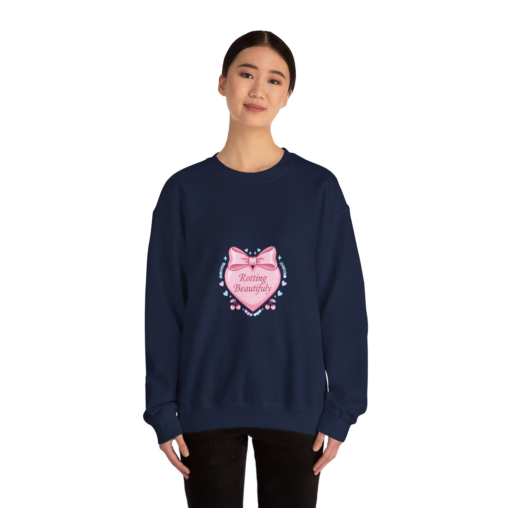 Rotting Beautifully Crewneck Sweatshirt | coquette ribbon, pastel humor