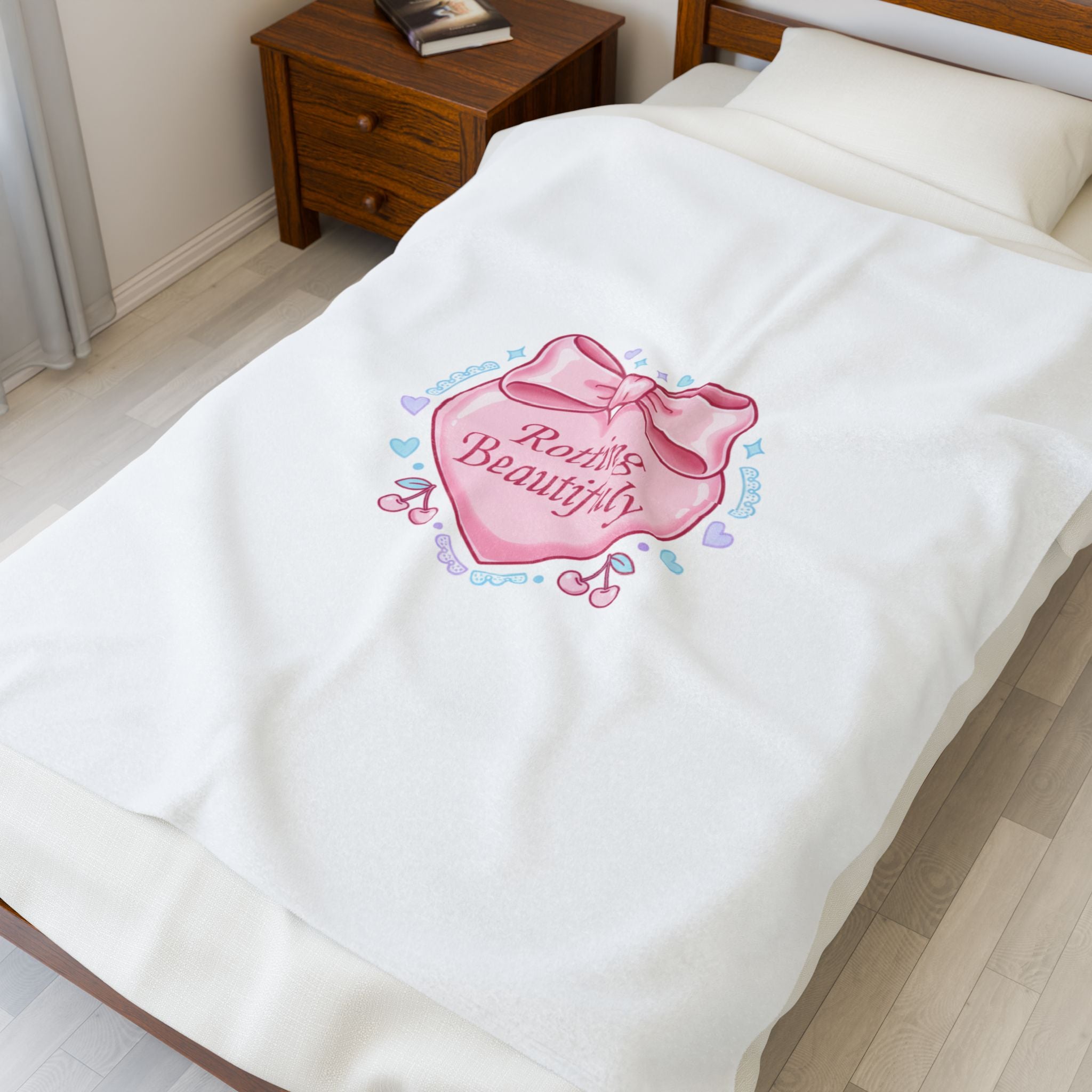 Rotting Beautifully Velveteen Plush Blanket | coquette ribbon, pastel humor