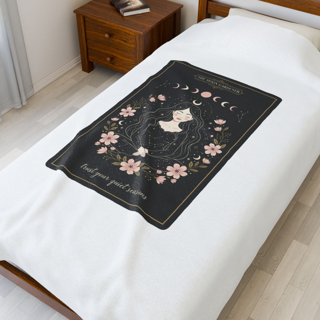 Mystic Moon Tarot Card Velveteen Plush Blanket | celestial line art, modern tarot