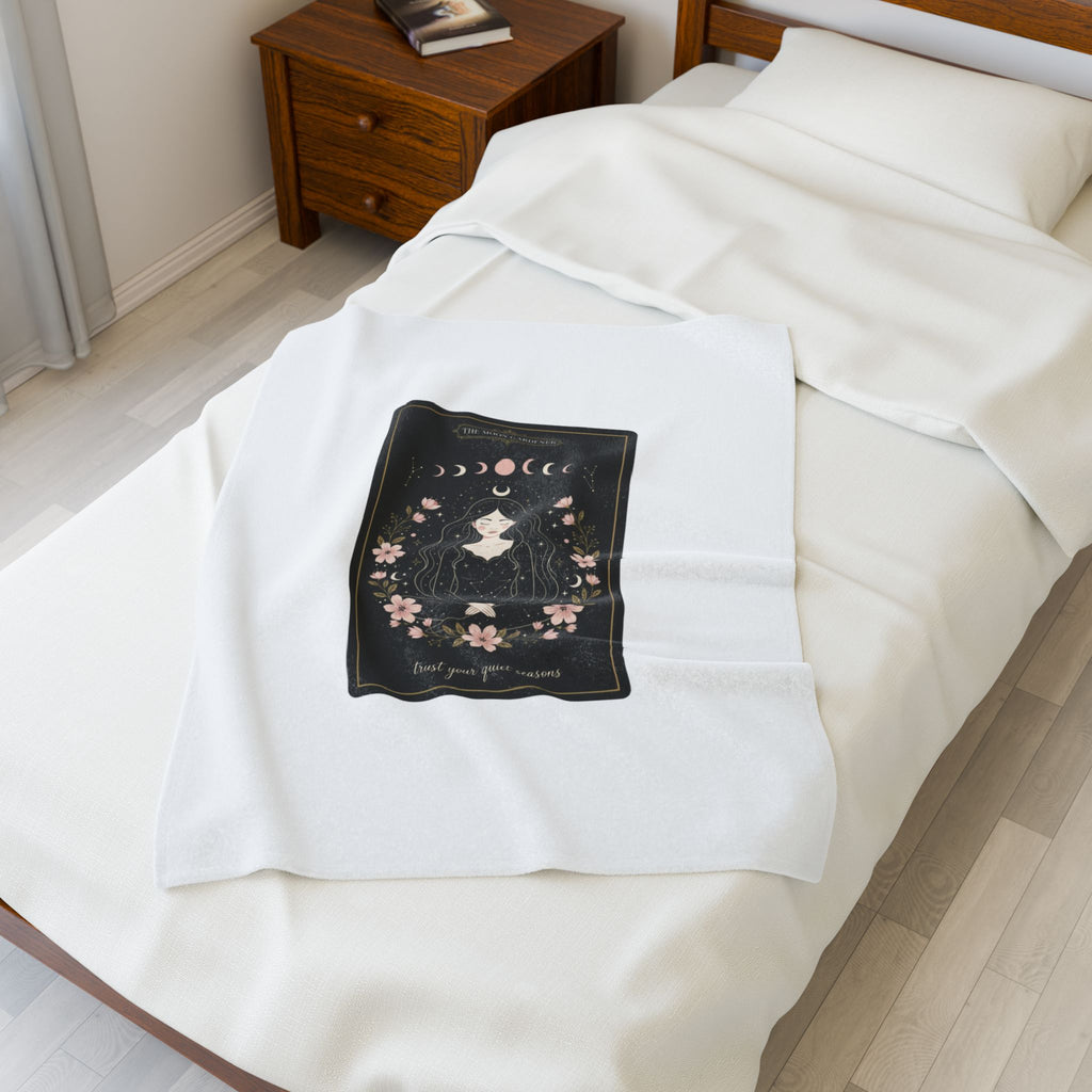 Mystic Moon Tarot Card Velveteen Plush Blanket | celestial line art, modern tarot