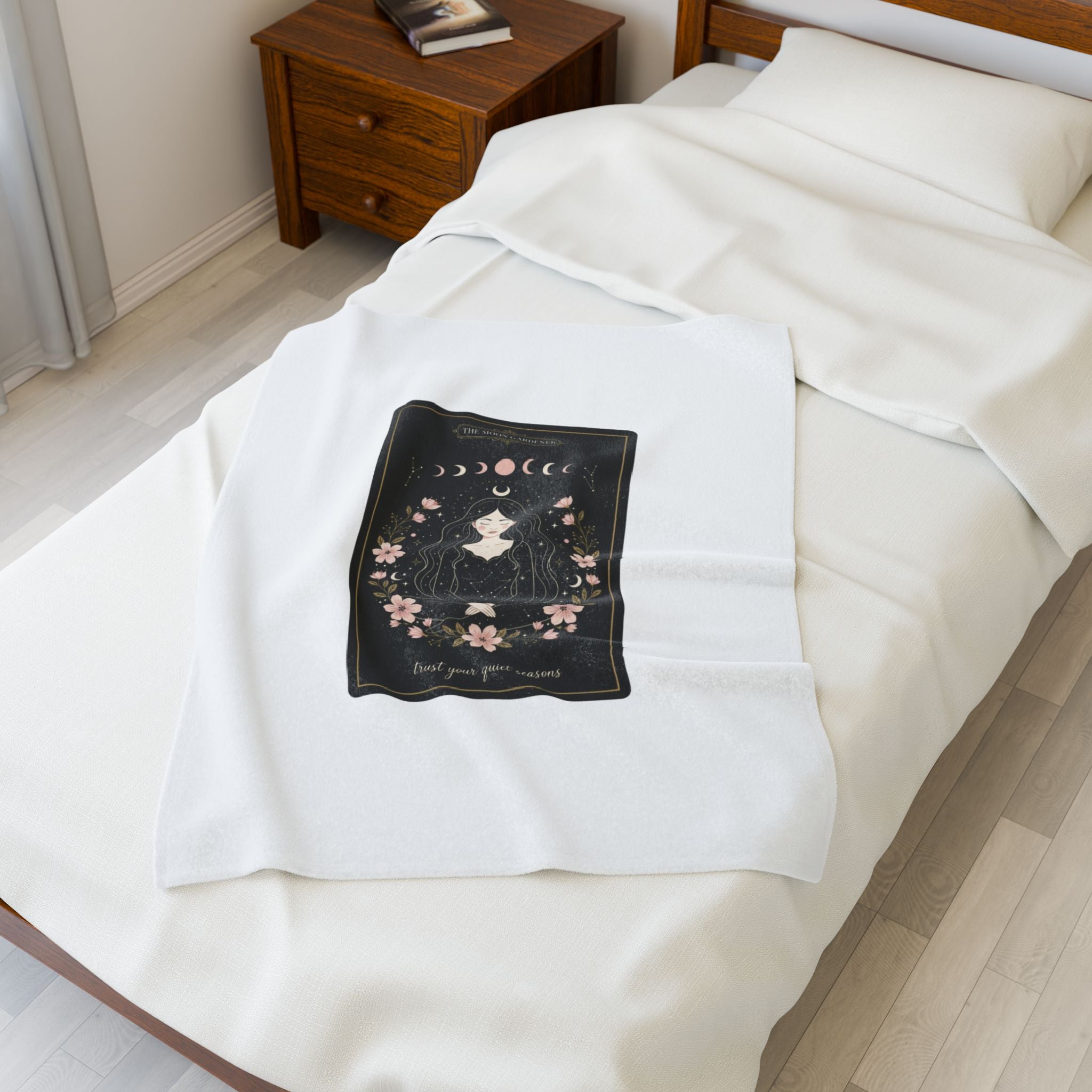 Mystic Moon Tarot Card Velveteen Plush Blanket | celestial line art, modern tarot