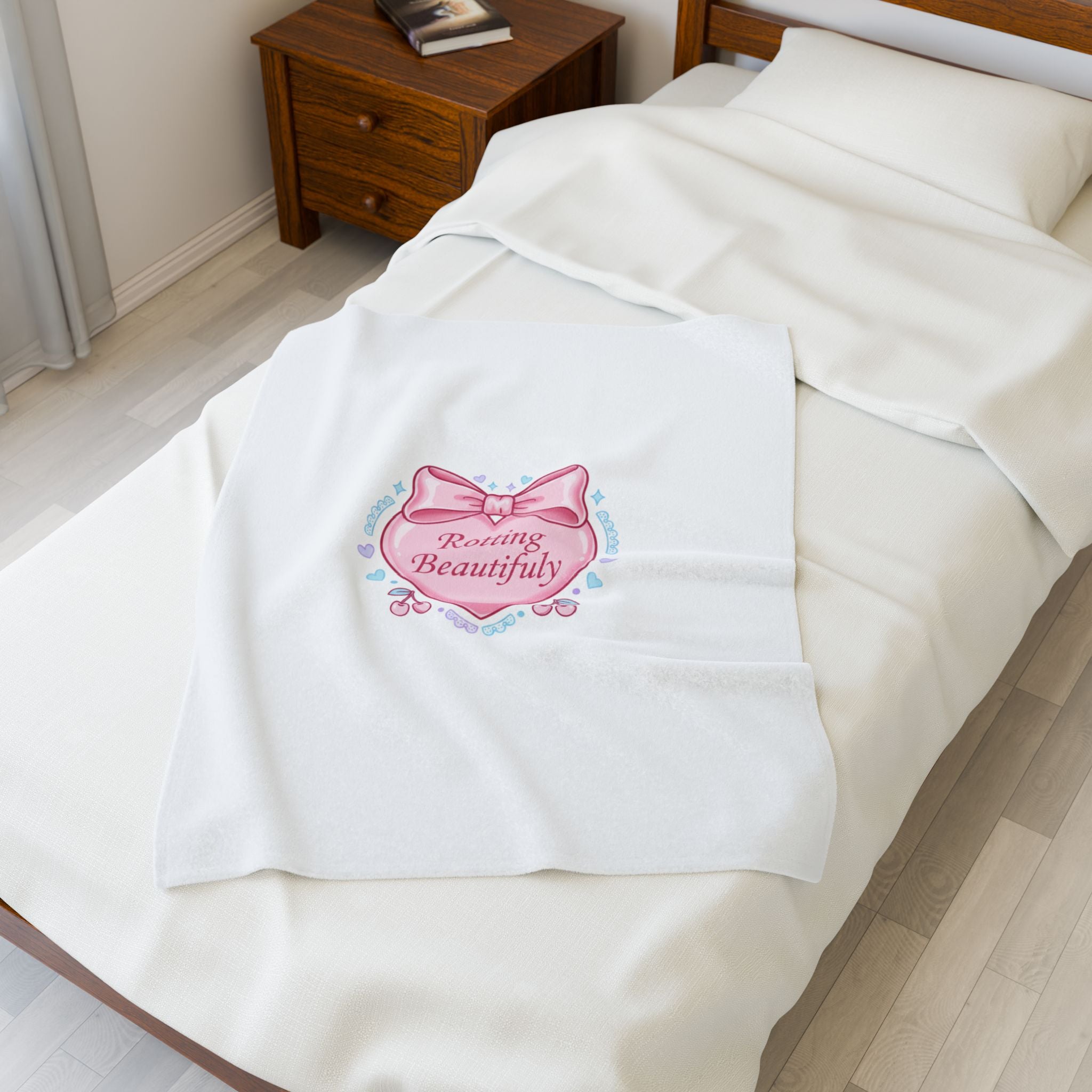 Rotting Beautifully Velveteen Plush Blanket | coquette ribbon, pastel humor