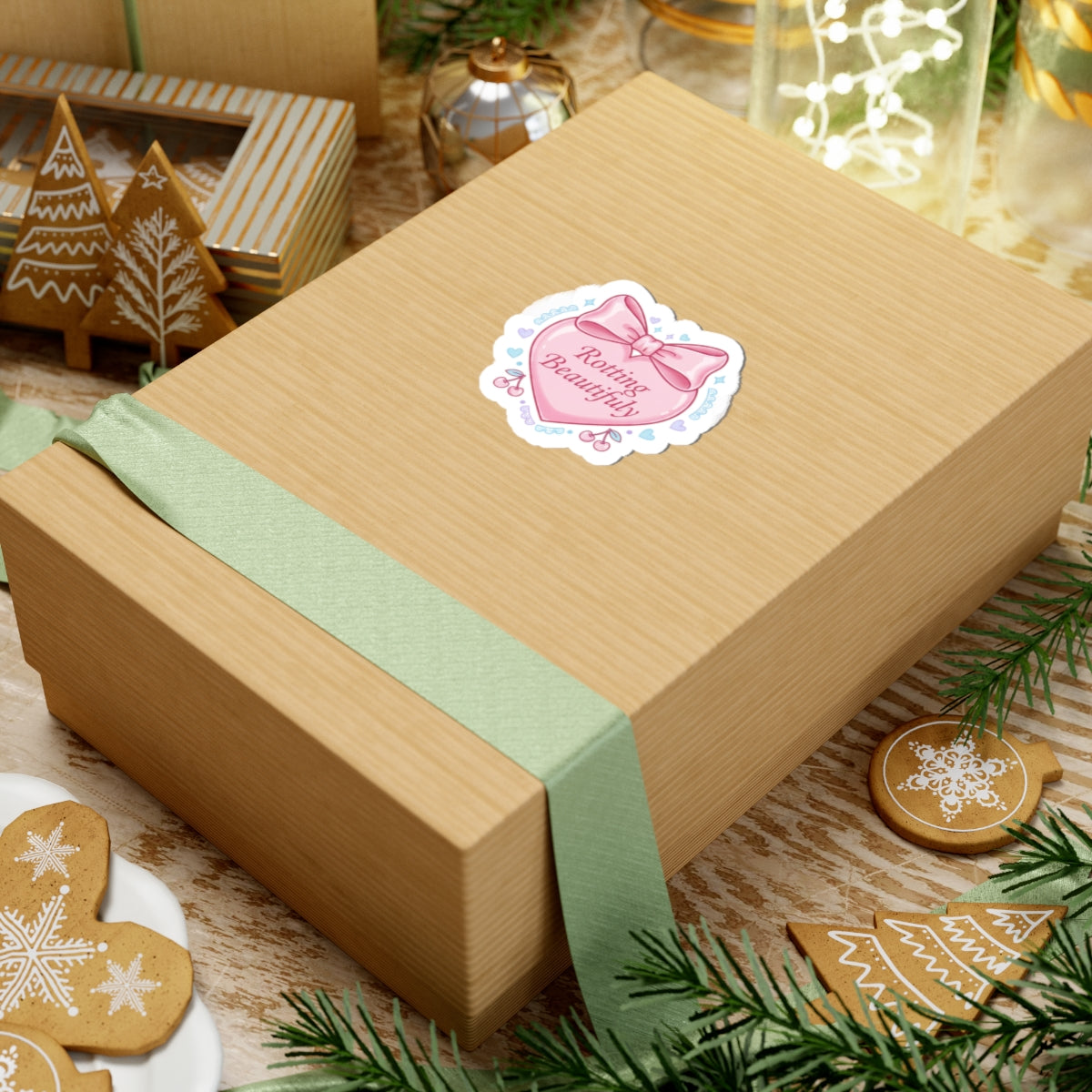 Rotting Beautifully Kiss-Cut Sticker | coquette ribbon, pastel humor