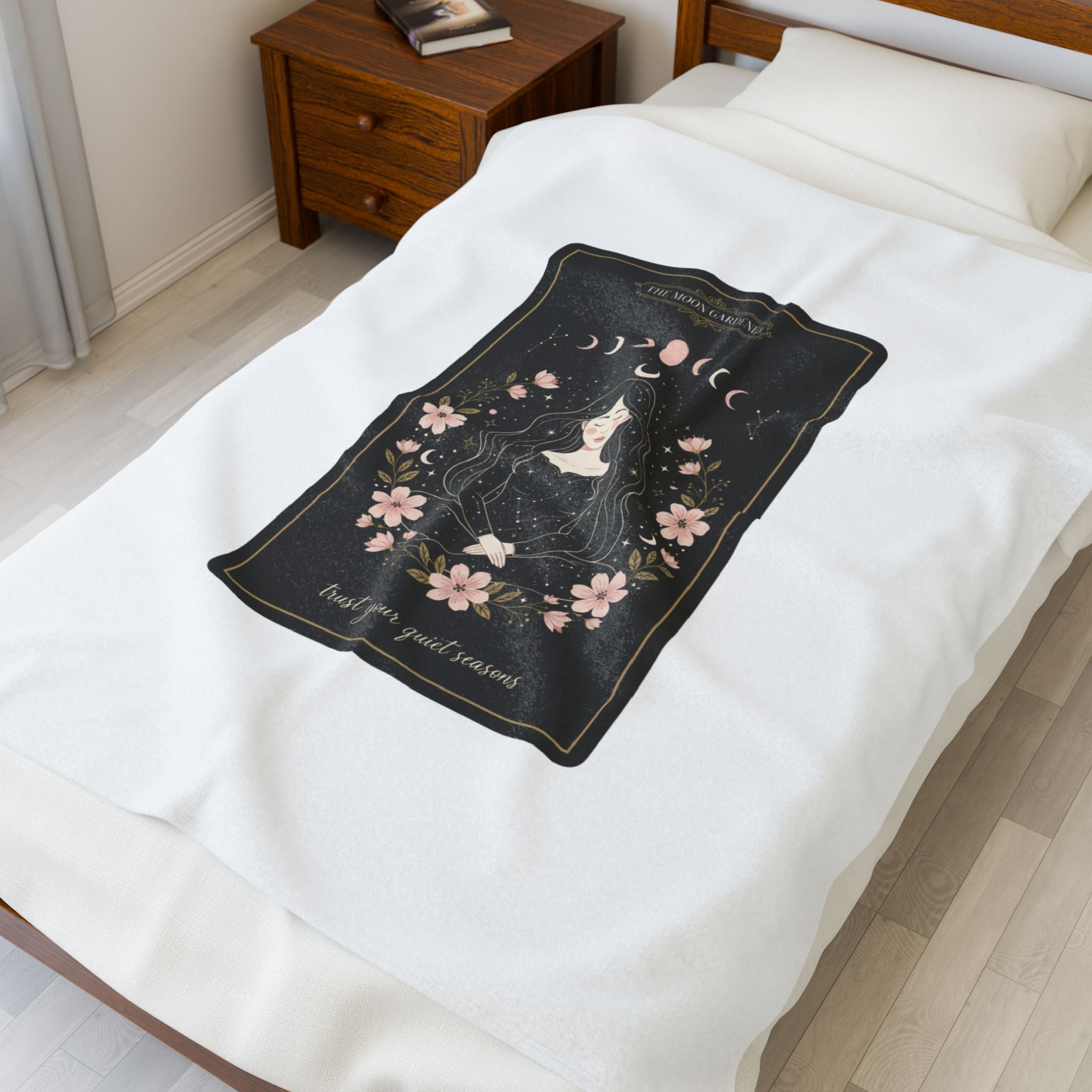 Mystic Moon Tarot Card Velveteen Plush Blanket | celestial line art, modern tarot