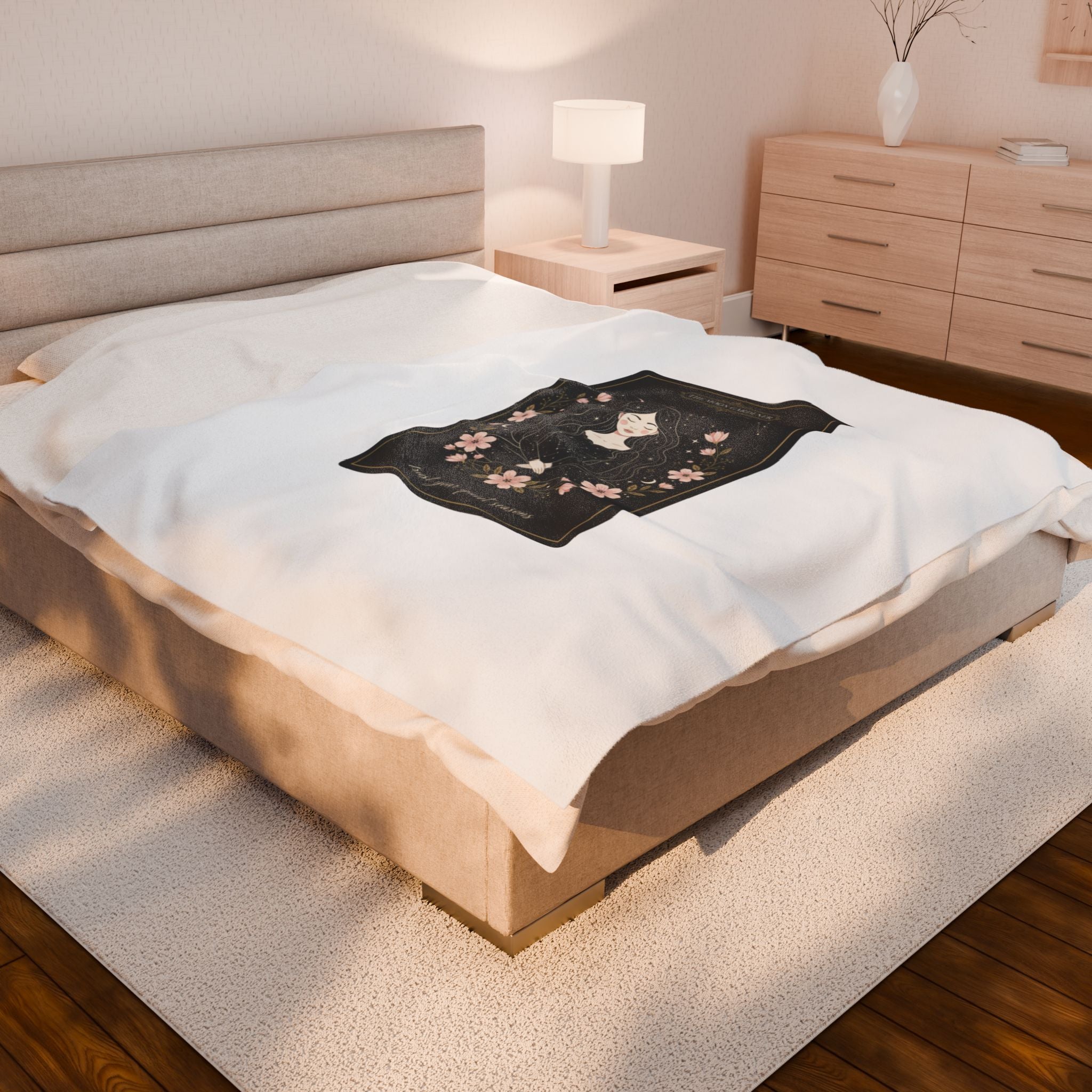 Mystic Moon Tarot Card Velveteen Plush Blanket | celestial line art, modern tarot