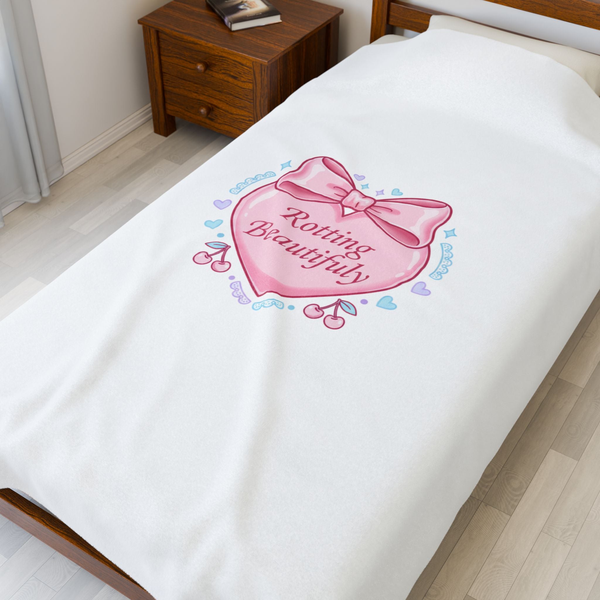 Rotting Beautifully Velveteen Plush Blanket | coquette ribbon, pastel humor