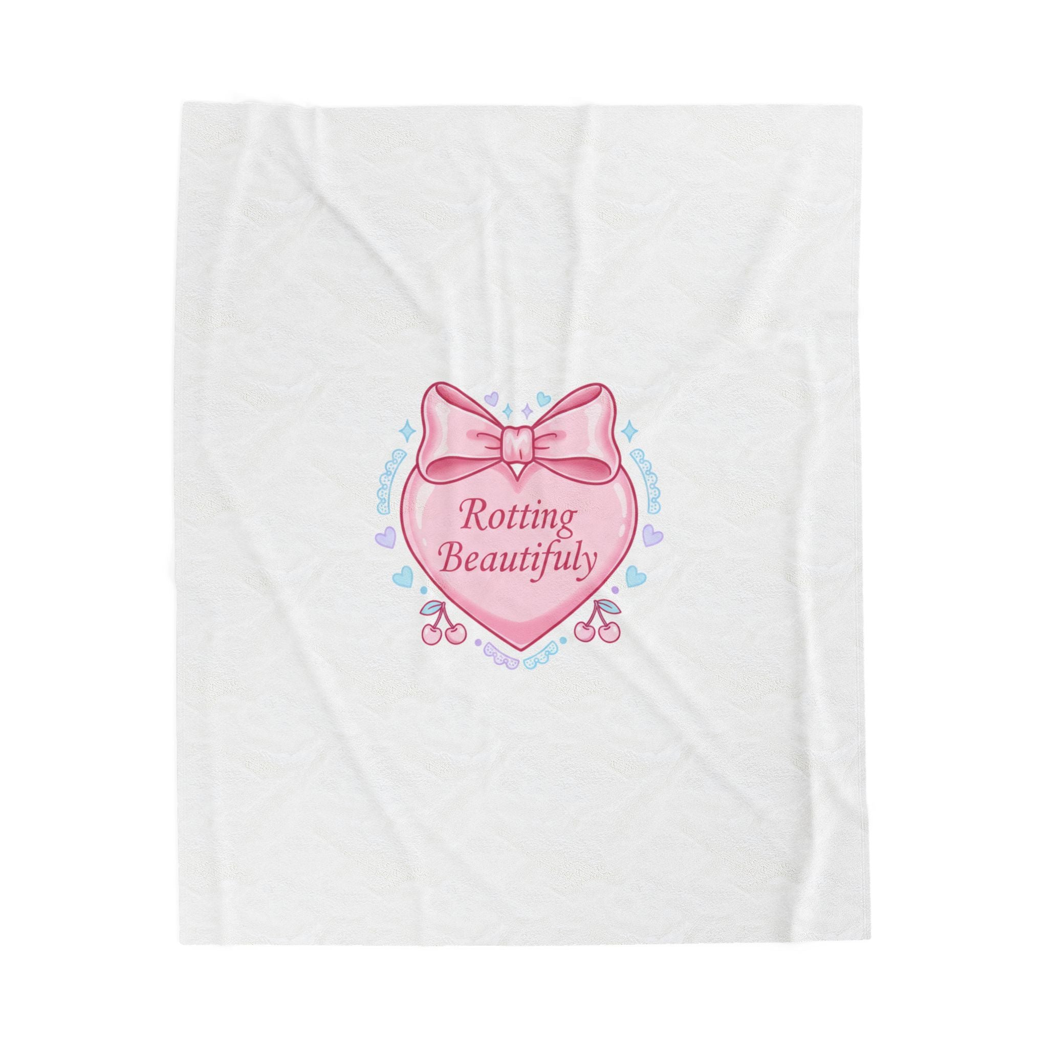 Rotting Beautifully Velveteen Plush Blanket | coquette ribbon, pastel humor