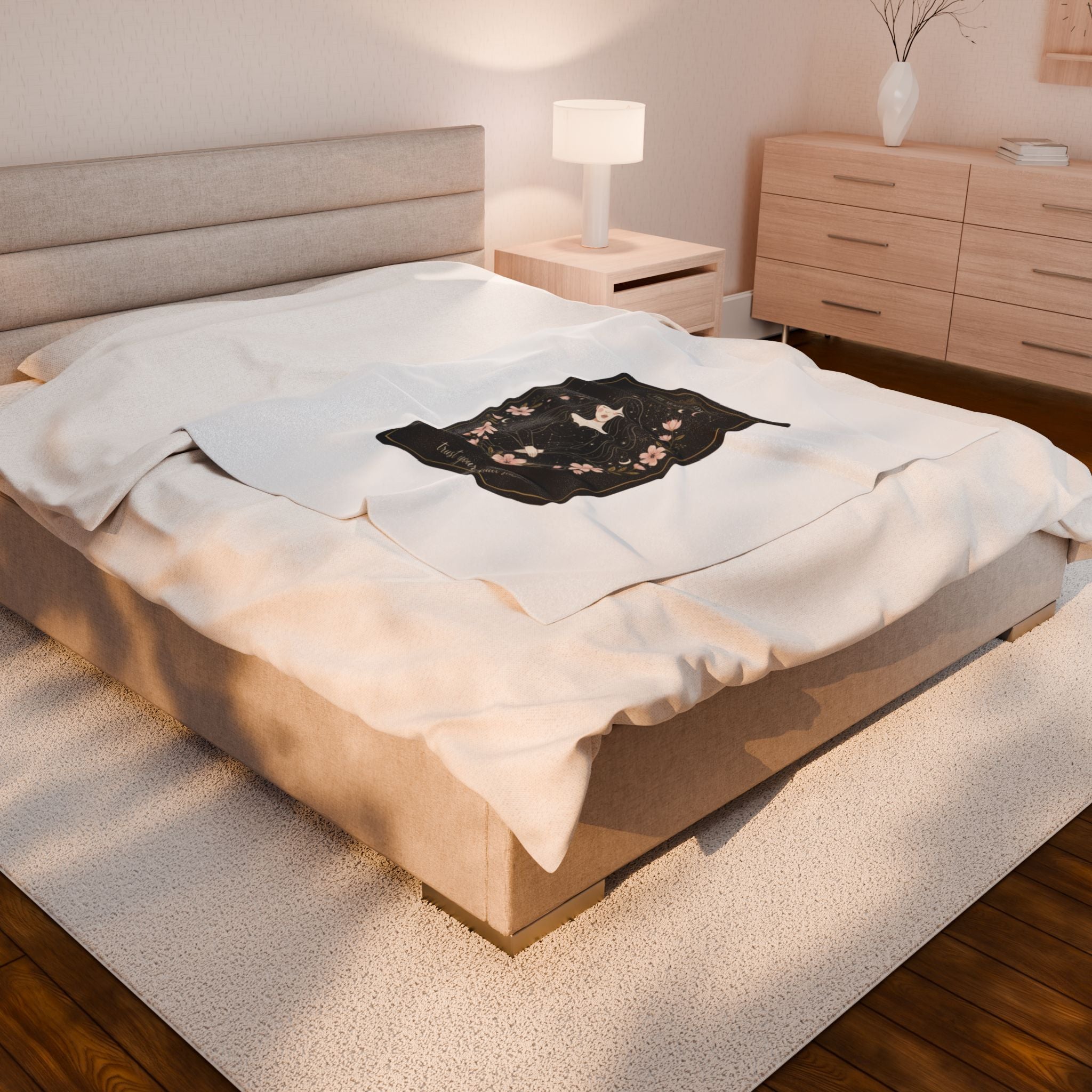 Mystic Moon Tarot Card Velveteen Plush Blanket | celestial line art, modern tarot